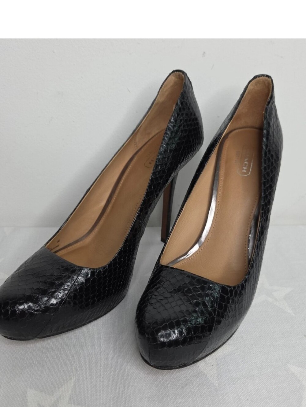 COACH Kristina Q3013 Black Snake Embossed Leather Platform Stiletto Pumps 9B